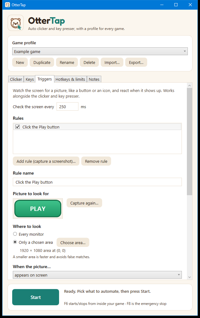 The Triggers tab in OtterTap with a rule that watches for a Play button.